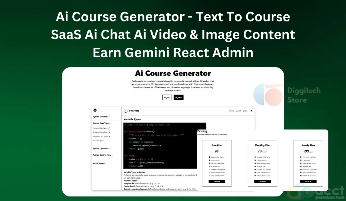 Ai Course Generator - Text To Course SaaS Ai Chat Ai Video & Image Content Earn Gemini React Admin